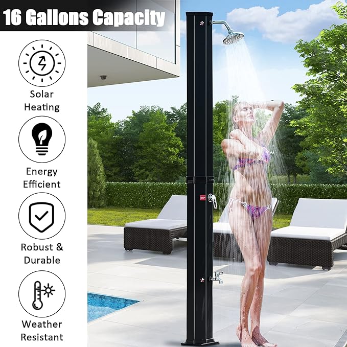 16 Gallon Outdoor Solar Shower with Shower Head and Foot Shower Tap